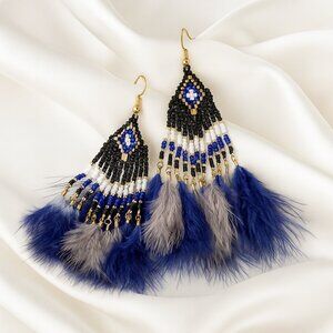 Express Beaded Feather Dangle Earrings Blue, Black, White Boho Statement Jewelry